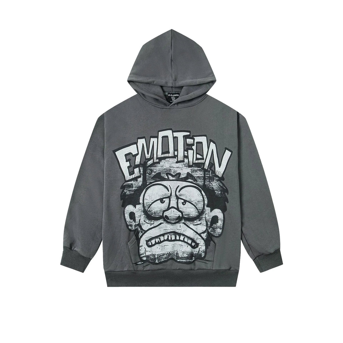 MIXED EMOTION Cartoon Face Hoodie – Washed Grey Streetwear Pullover