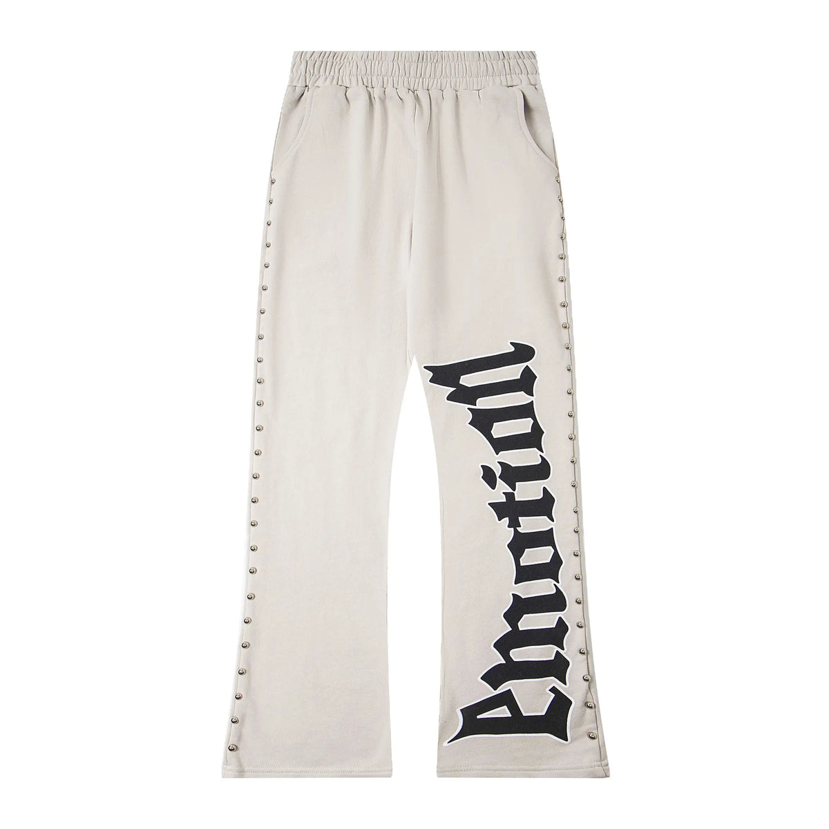 Mixed Emotion Emotion Gothic Letter Stud Sweatpants – Cream Straight Pants