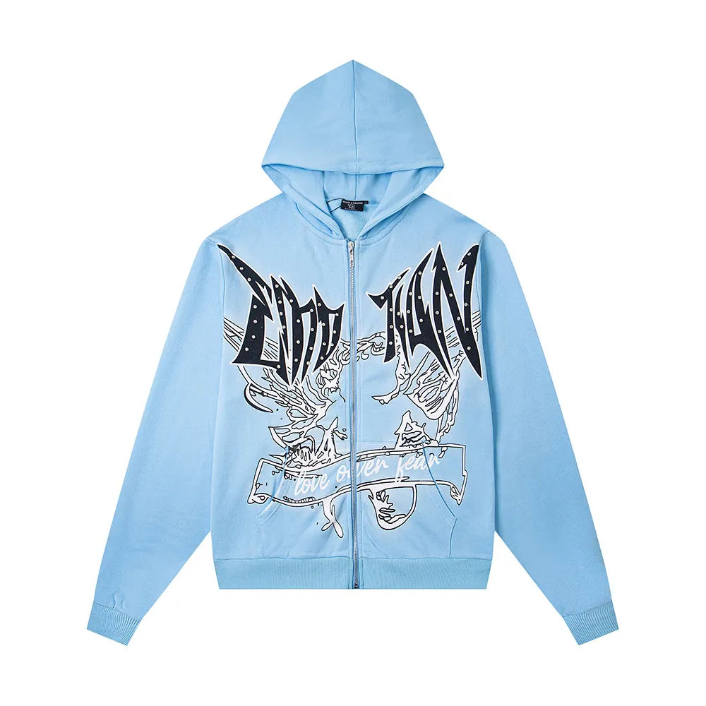 MIXED EMOTION Angel Zip-Up Hoodie – Sky Blue Emotional Streetwear