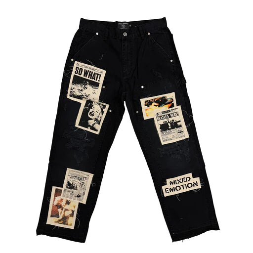 Mixed Emotion Black Newspaper Carpenter Pants