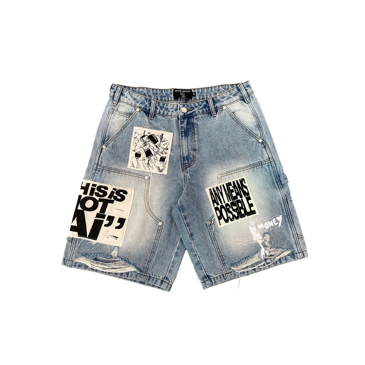 Mixed Emotion Blue AI Denim Shorts “Any Means Possible”