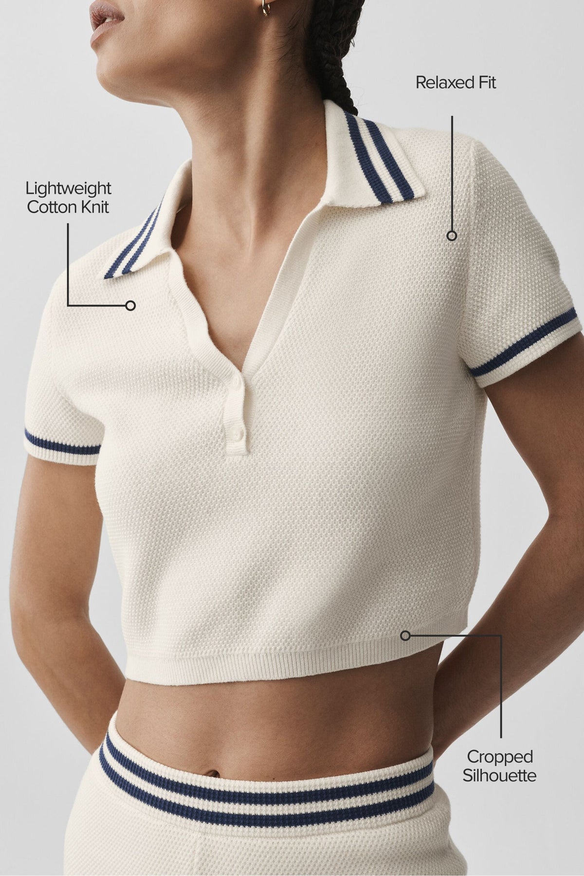 Alo Yoga Tennis Club Sweater Knit Cropped Polo - Ivory/Navy - imagen 2