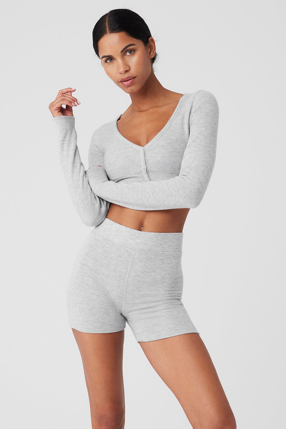 Alo Yoga Alolux Cropped Me Time Cardigan - Athletic Heather Grey - imagen 1