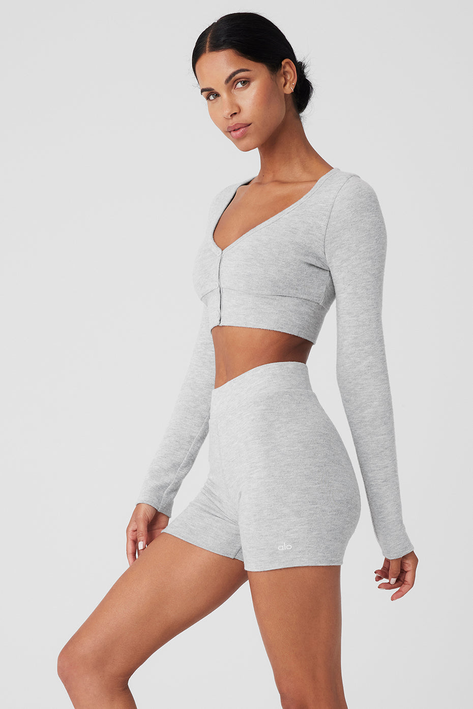 Alo Yoga Alolux Cropped Me Time Cardigan - Athletic Heather Grey - imagen 3