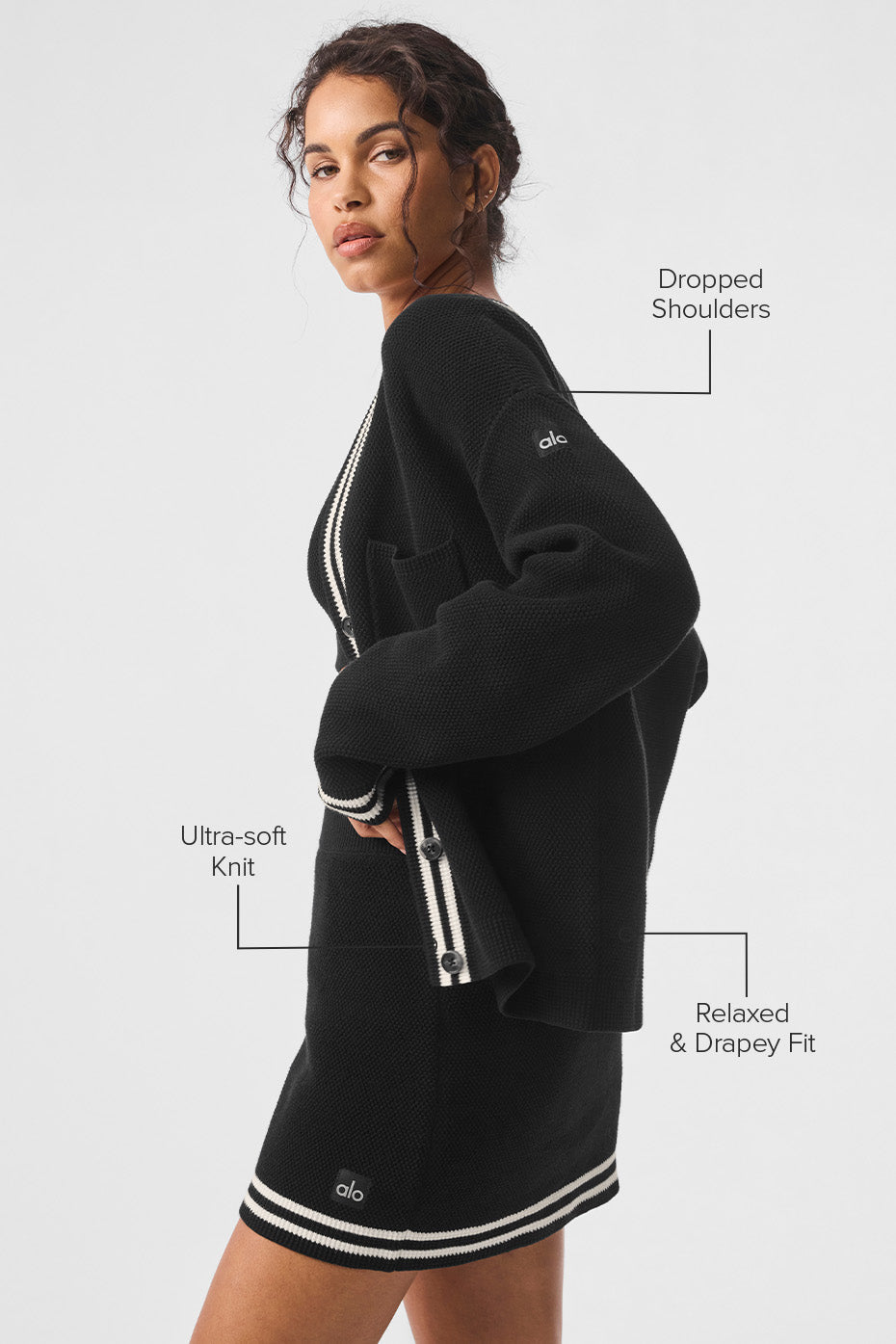Alo Yoga Tennis Club Sweater Knit Cardigan - Black/Ivory - imagen 2