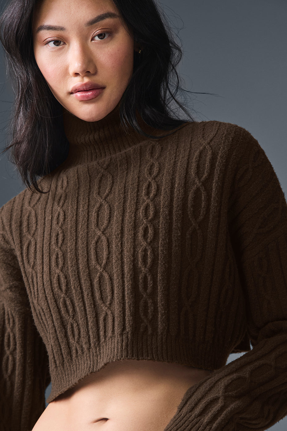 Alo Yoga Cable Knit Cropped Winter Bliss Turtleneck Long Sleeve - Espresso - imagen 4