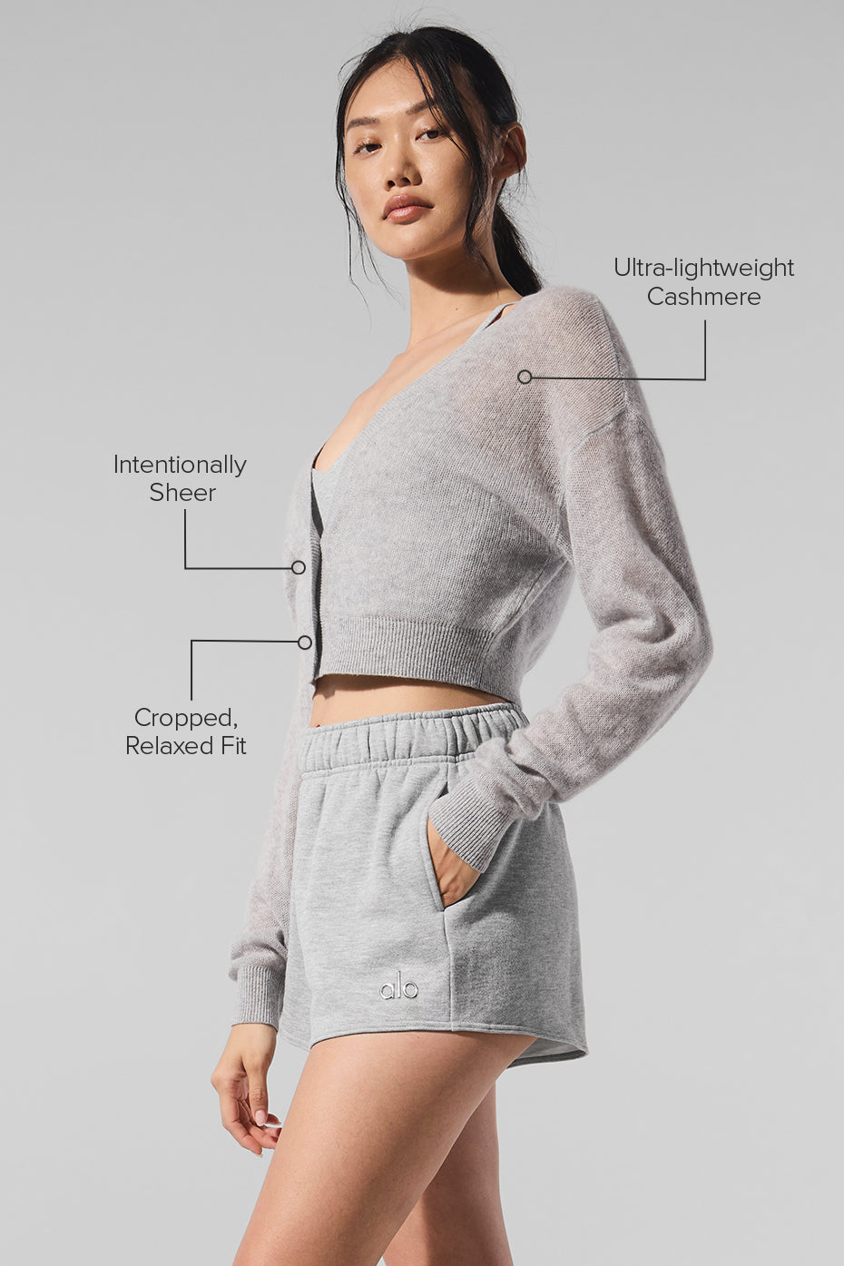 Alo Yoga Sheer Cashmere Cropped Cardigan - Athletic Heather Grey - imagen 2