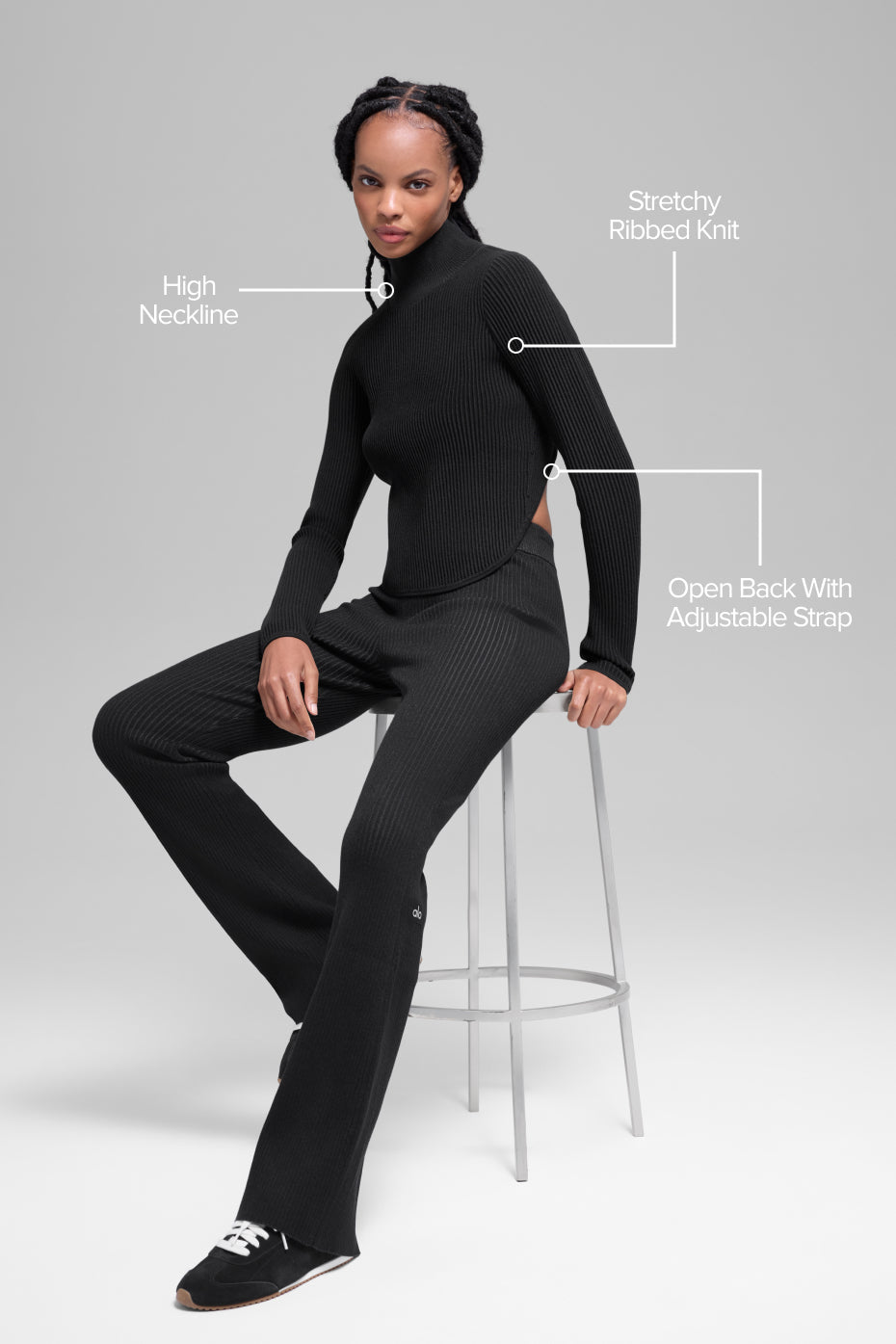 Alo Yoga Denim Knit Backless Long Sleeve - Black/Anthracite - imagen 2