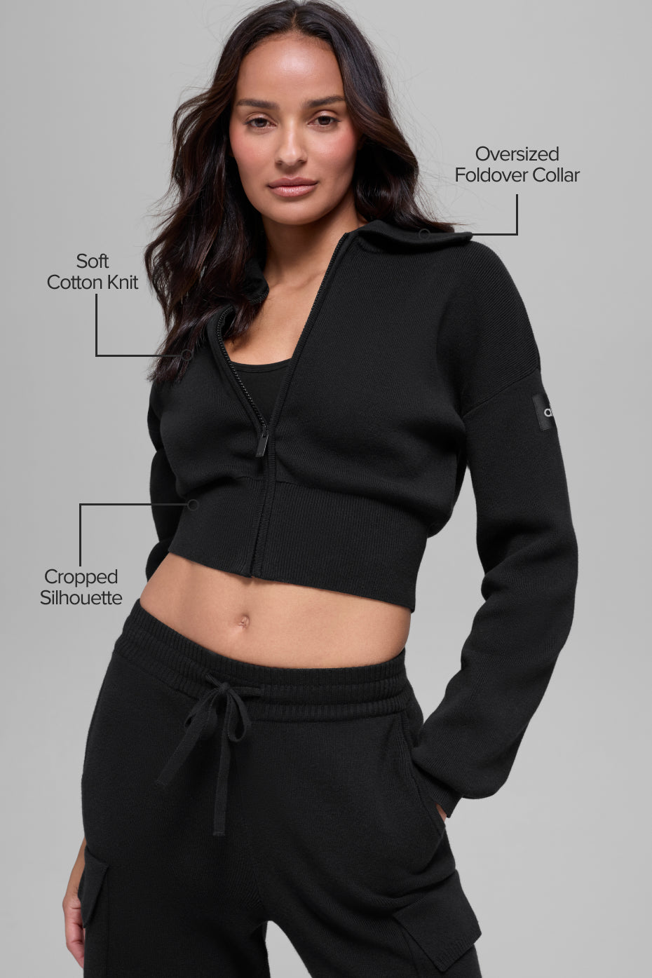 Alo Yoga Scholar Knit Cropped Full Zip Jacket - Black - imagen 2