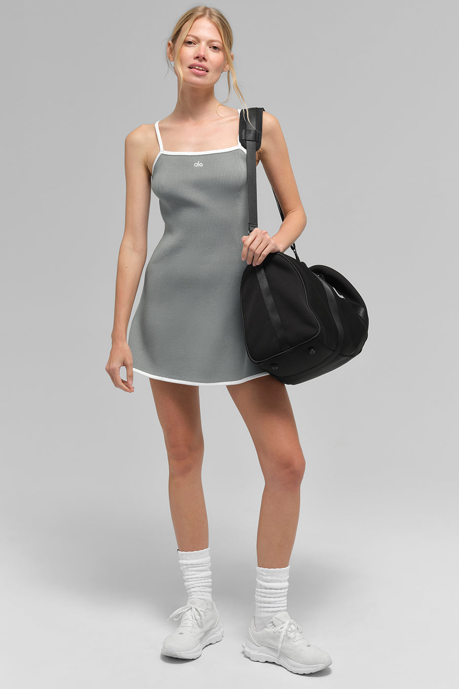 Alo Yoga Ribbed Sweater Knit Highline Dress - Lunar Grey/White - imagen 4