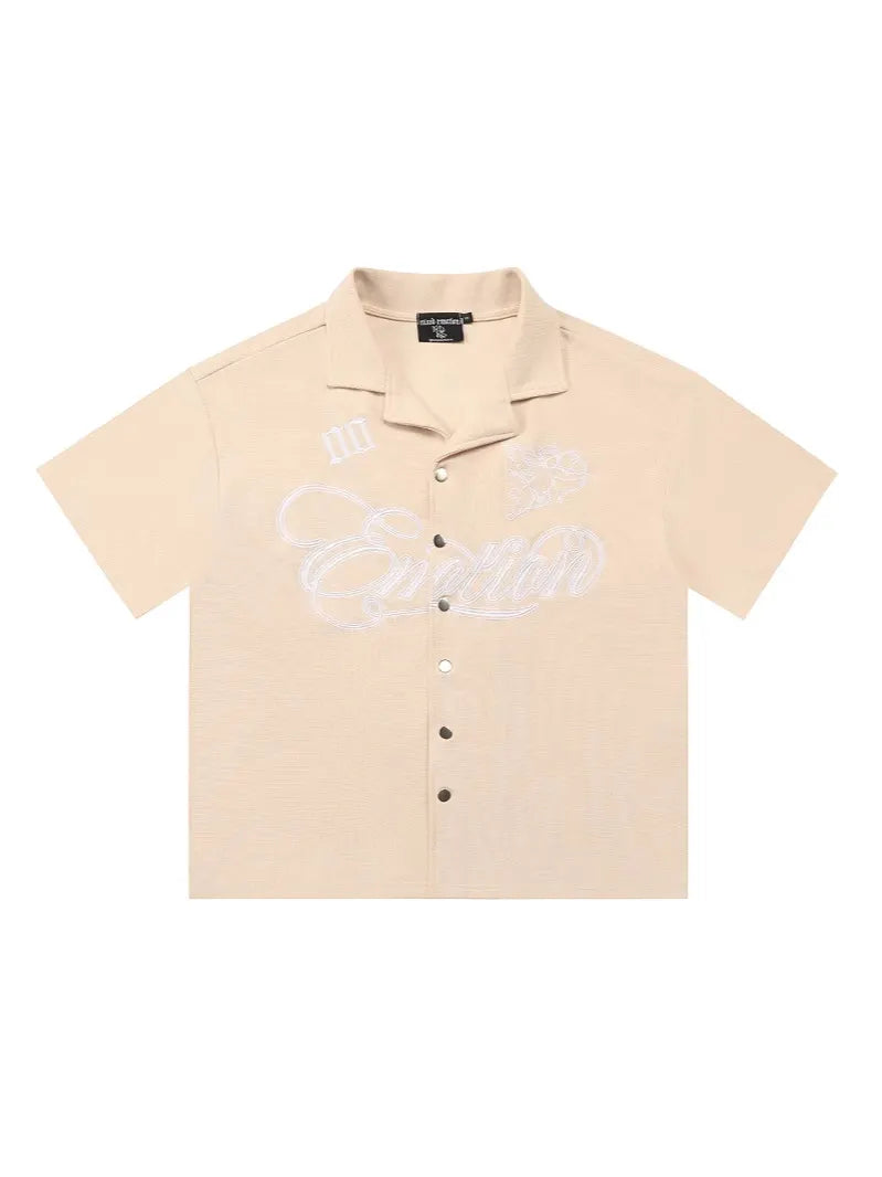Mixed Emotion Emotion Script Graphic Short Sleeve Shirt – Beige Button-Up Streetwear