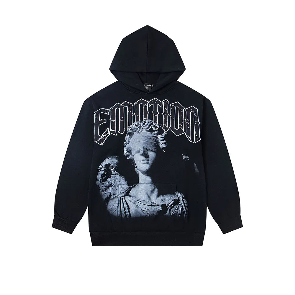 MIXED EMOTION Blindfold Statue Graphic Hoodie – Emotional Streetwear Pullover