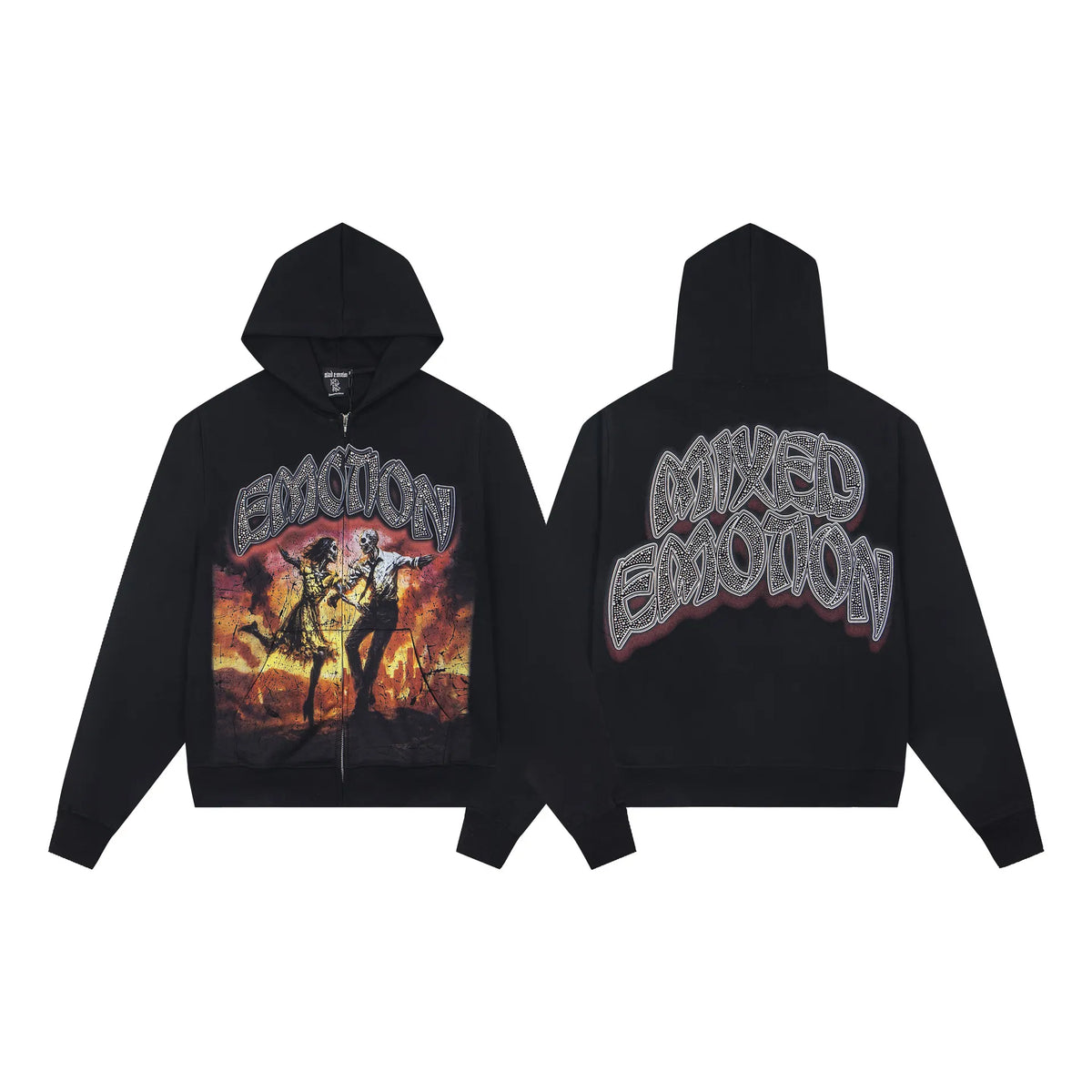 MIXED EMOTION Fire Action Graphic Zip-Up Hoodie – Black Streetwear