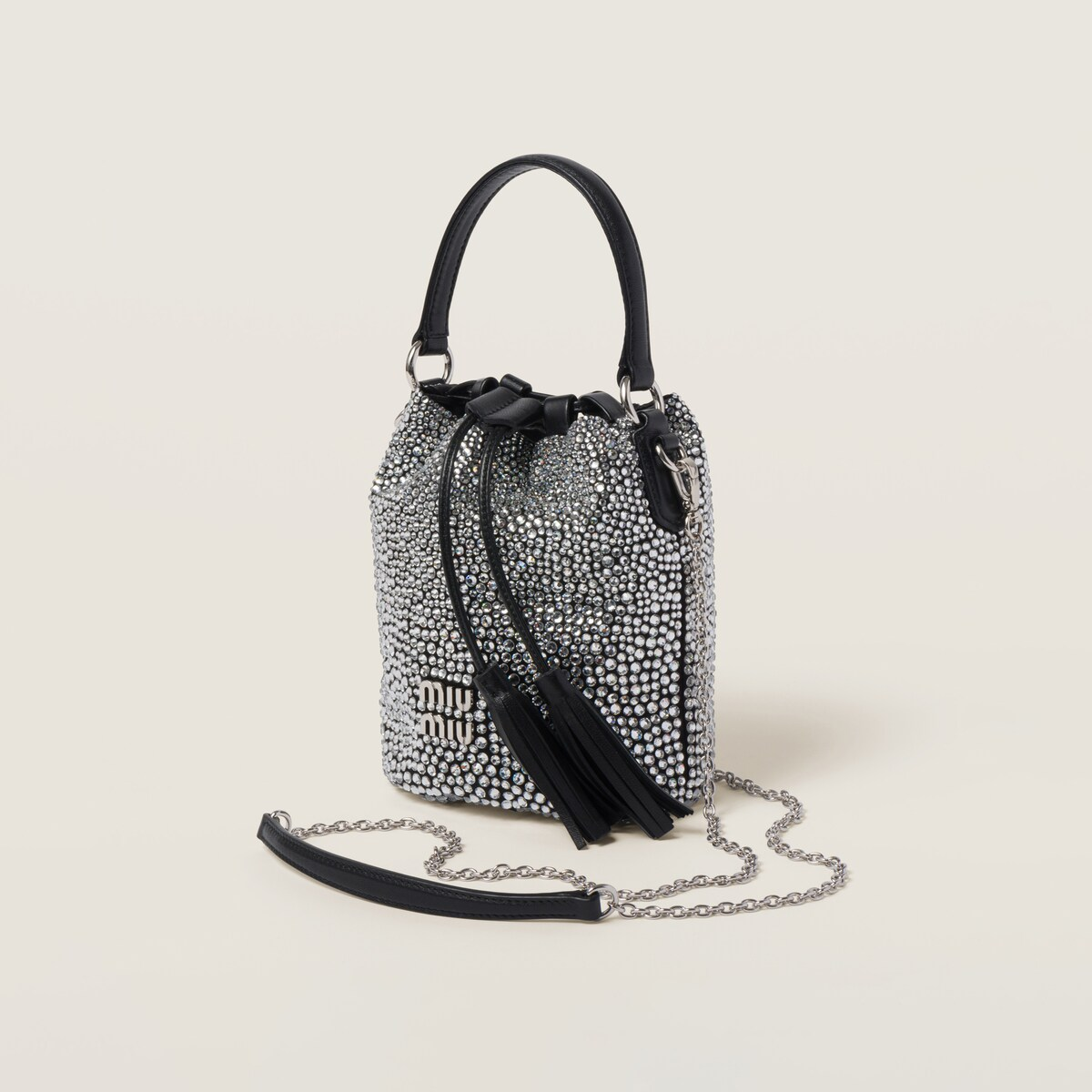 Miu Miu Bolso saco de satén con cristales sintéticos