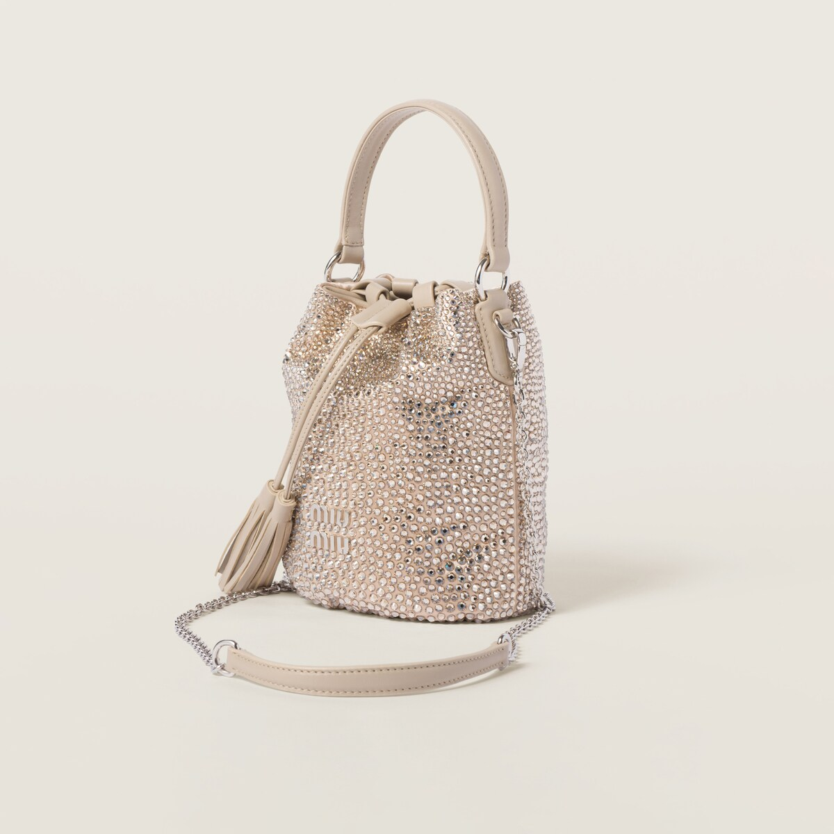 Miu Miu Bolso saco de satén con cristales sintéticos