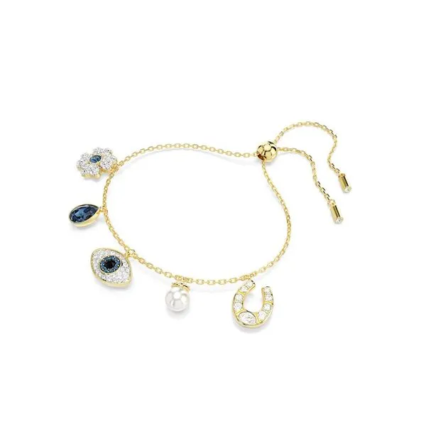 Swwarovski Pulsera Symbolica, Trébol, ojo turco y herradura, Azul, Recubrimiento tono oro