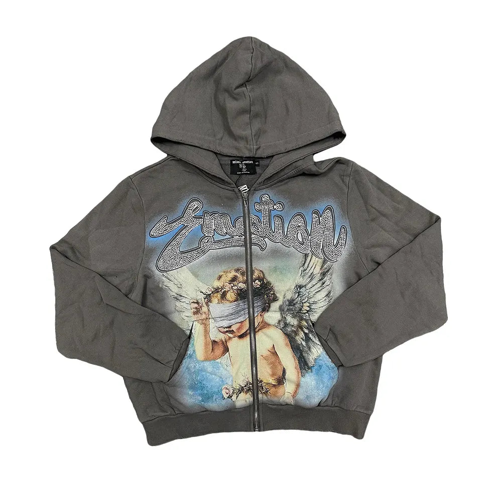 MIXED EMOTION Blindfold Angel Zip-Up Hoodie – Washed Grey Emotional Streetwear