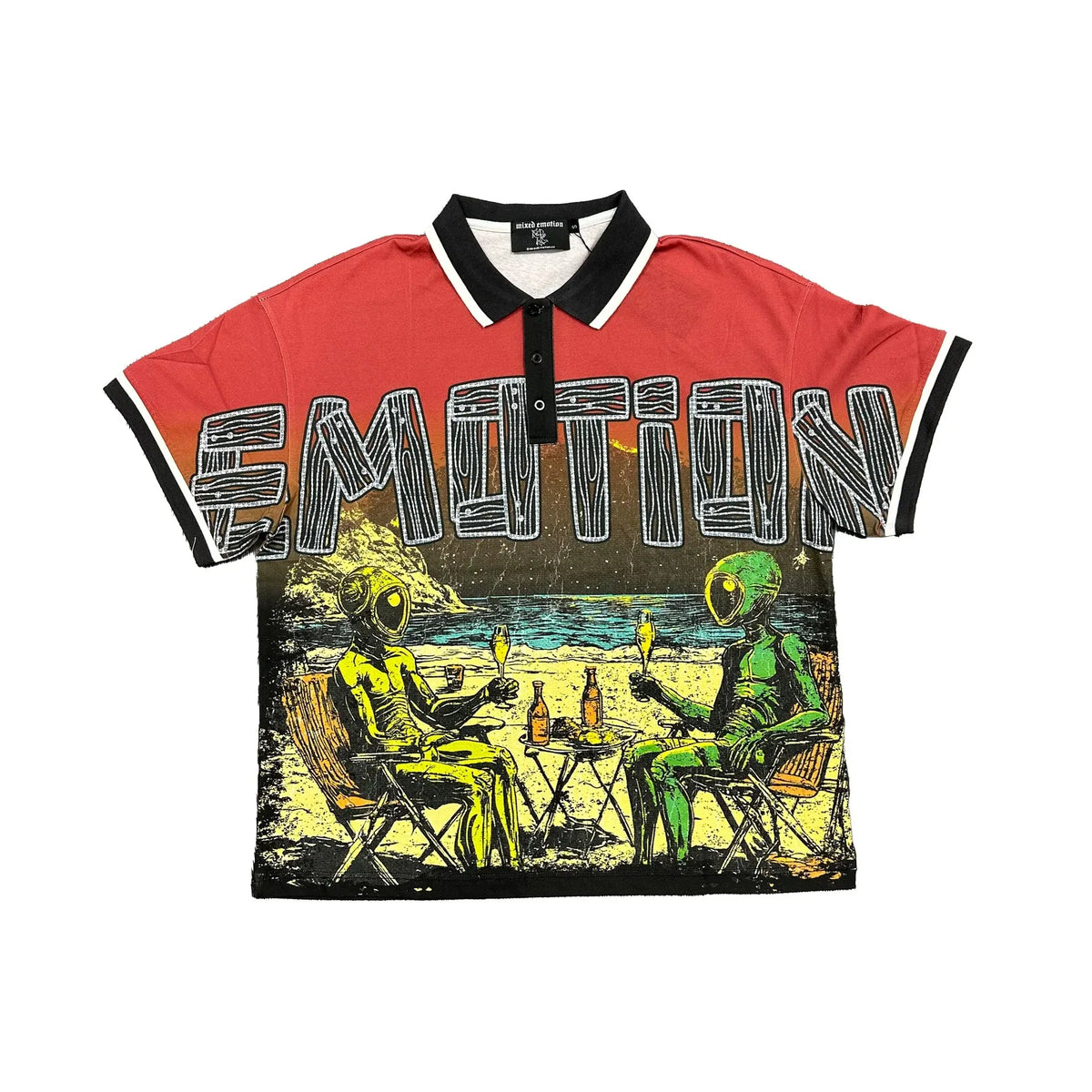 MIXED EMOTION Retro Scene Graphic Polo Shirt – Red Streetwear Top