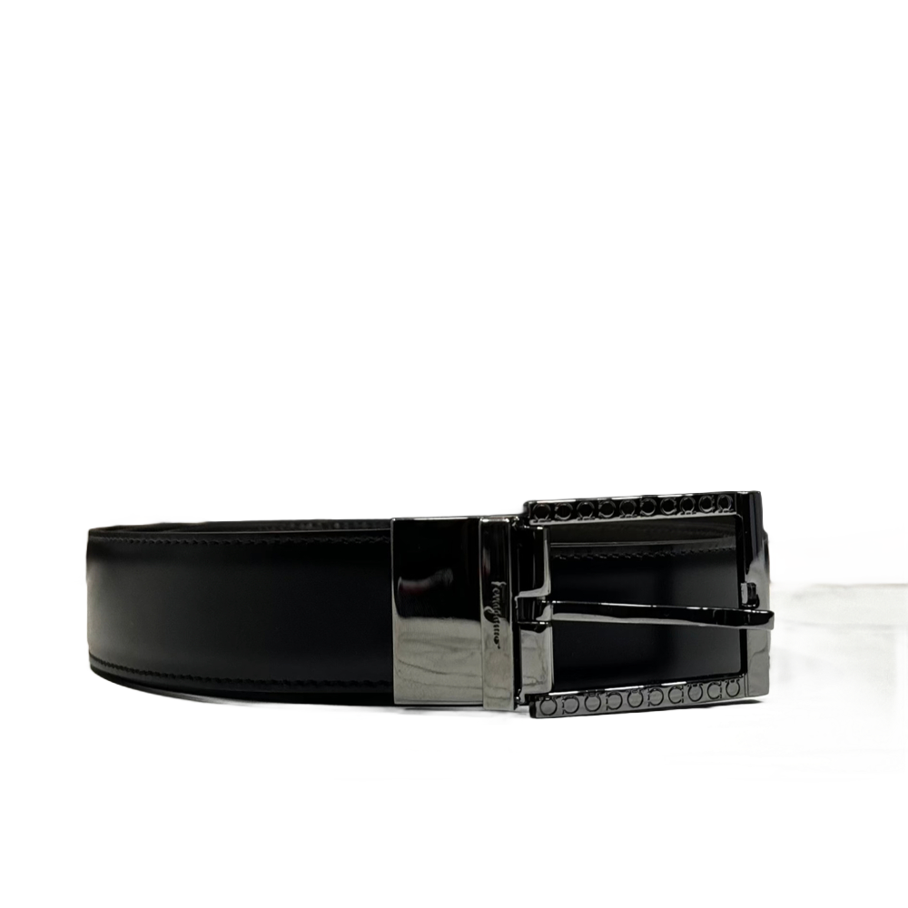 FERRAGAMO CINTURON NEGRO / CAFE HEBILLA RECTANGULAR PLATEADO CON SIGNOS INCRUSTADOS LEGIT