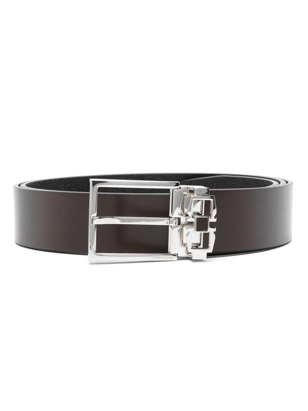 CINTURON FERRAGAMO REVERSIBLE MARRON / NEGRO CON TEXTURA HEBILLA NORMAL CON DOBLE GANCINI CUADRADO