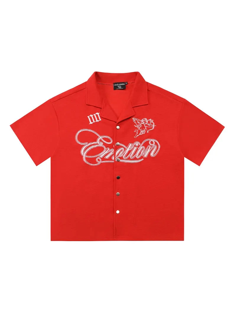 Mixed Emotion Emotion Script Graphic Short Sleeve Shirt – Red Button-Up Streetwear
