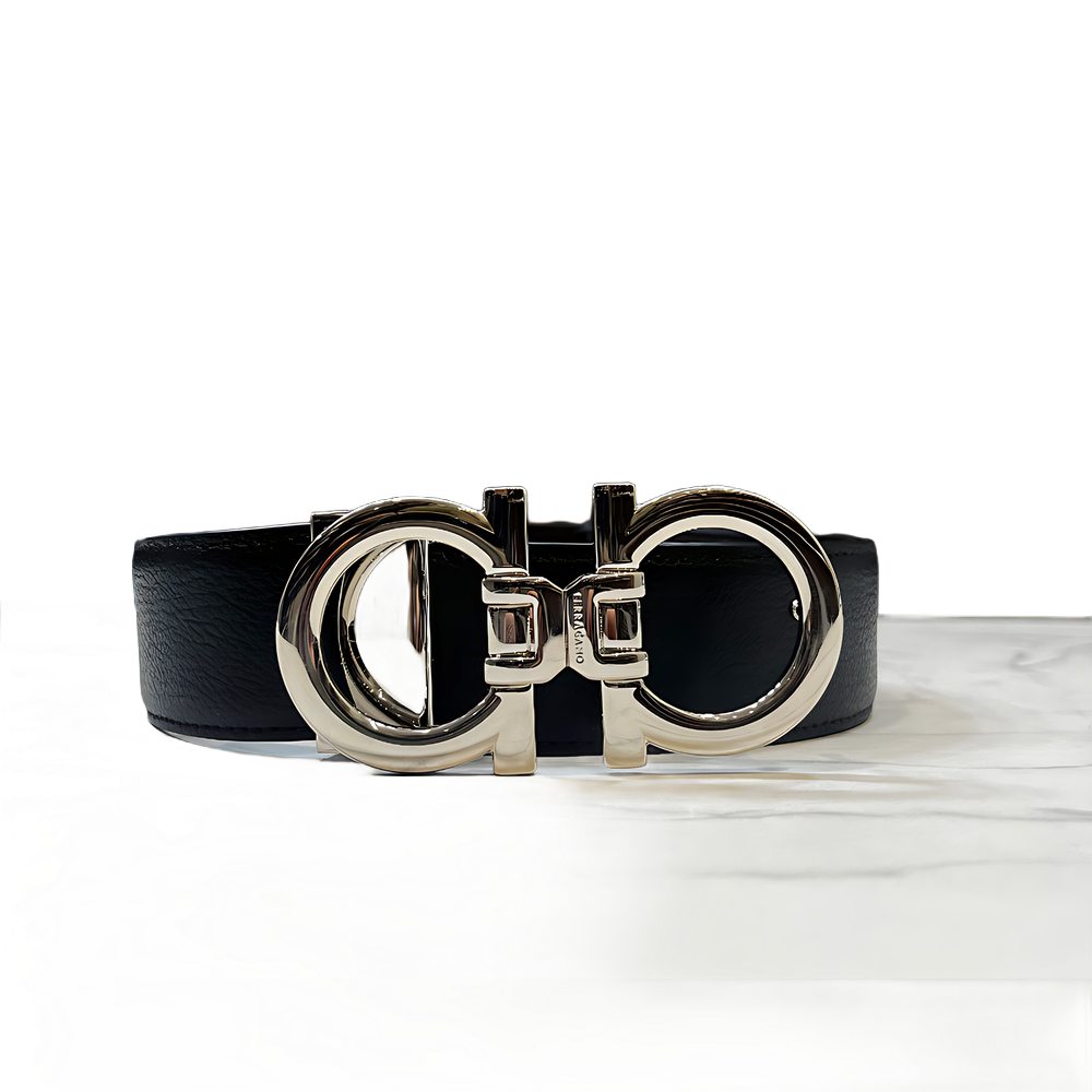 CINTURON FERRAGAMO NEGRO / CAFE DOBLE HEBILLA GANCINI PLATEADA DOBLE VISTA LEGIT