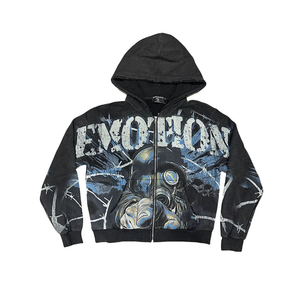 MIXED EMOTION Gas Mask Graphic Zip-Up Hoodie – Dark Survival Streetwear