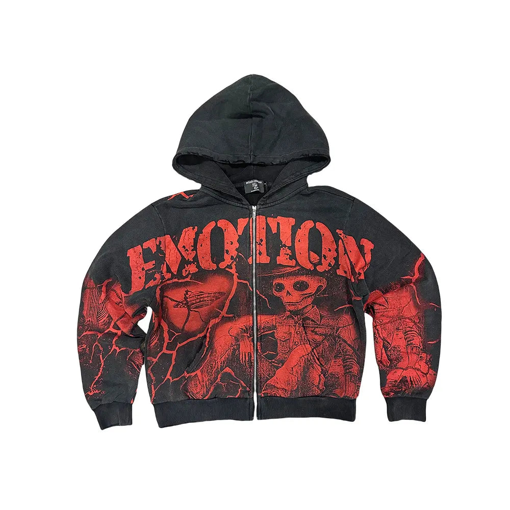 MIXED EMOTION Skull Graphic Zip-Up Hoodie – Dark Streetwear Jacket
