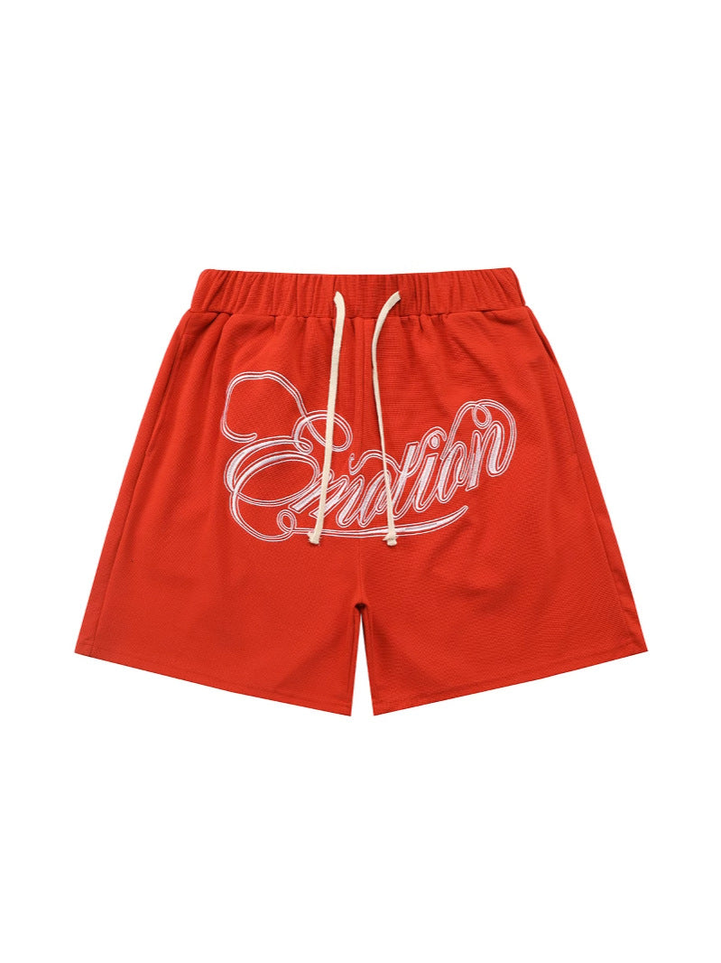 Mixed Emotion Emotion Script Graphic Shorts – Red Streetwear Drawstring Shorts