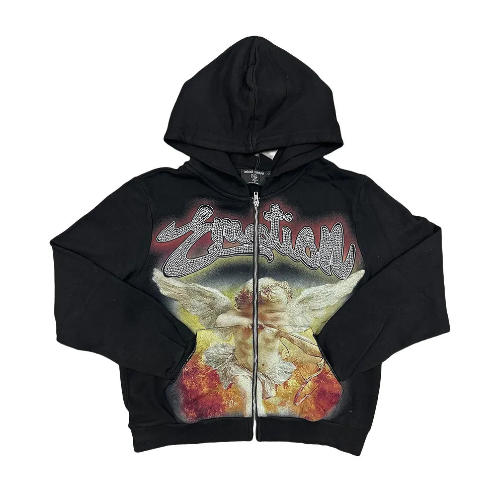 MIXED EMOTION Angel Fire Graphic Zip Hoodie – Dark Emotional Streetwear