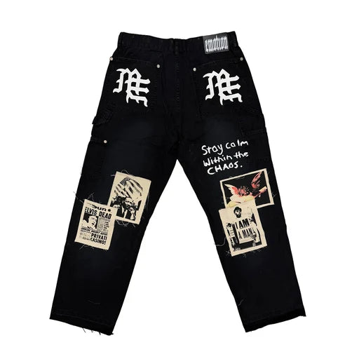 Mixed Emotion Black Newspaper Carpenter Pants