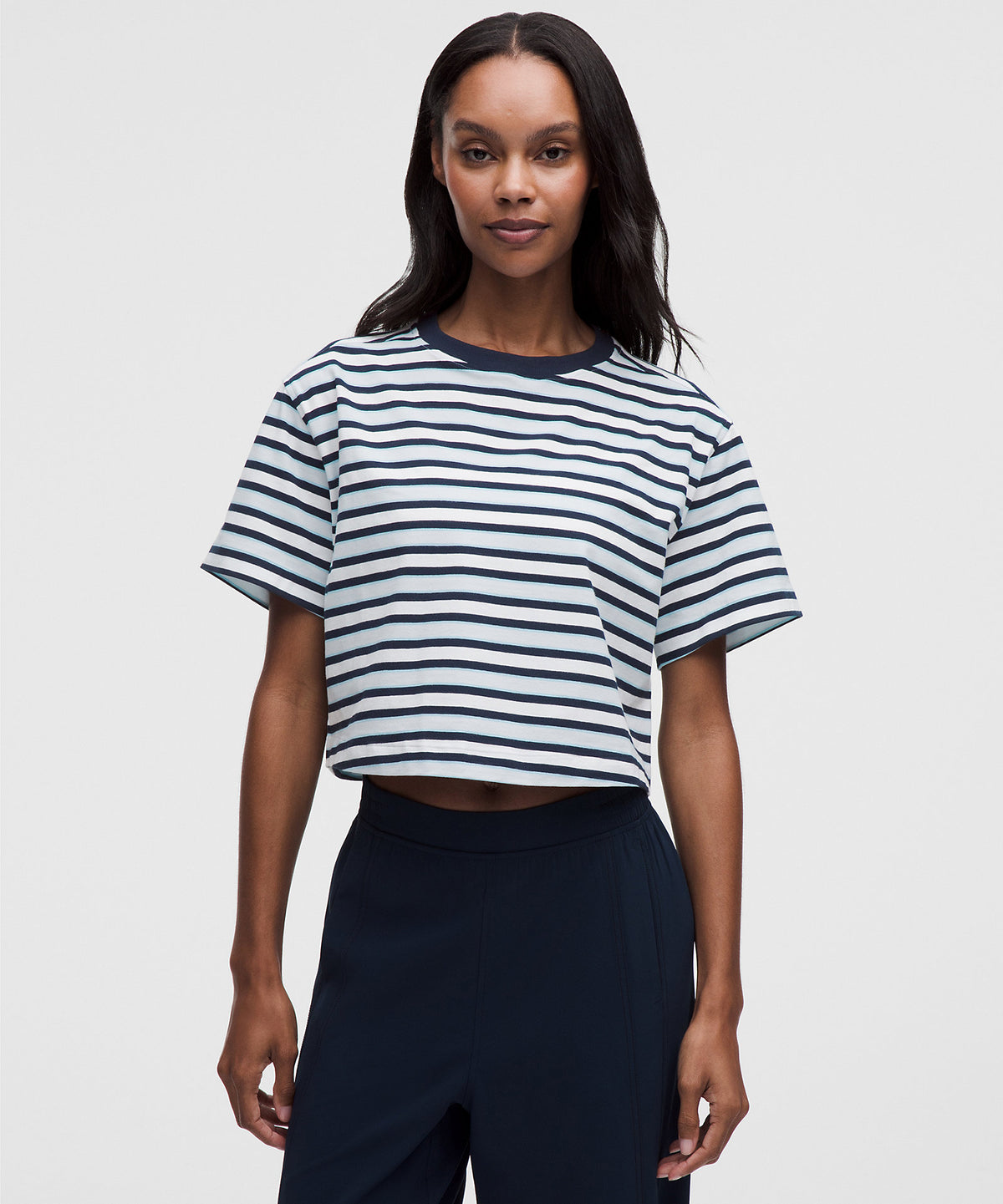 Lululemon All Yours Organic Cotton-Blend Cropped T-Shirt - Reverse Stripe Starch Blue True Navy - imagen 1
