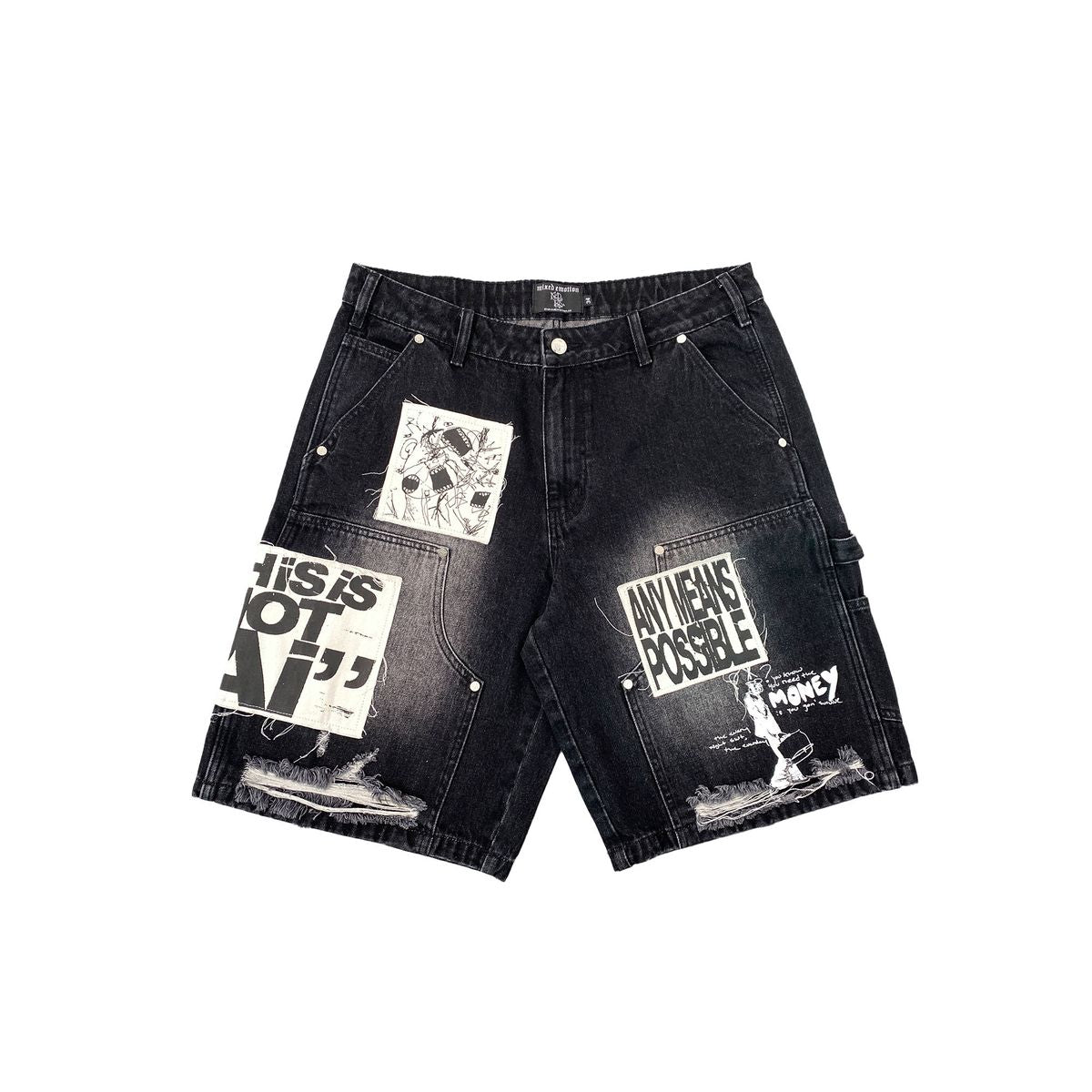Mixed Emotion Black AI Denim Shorts “Any Means Possible”