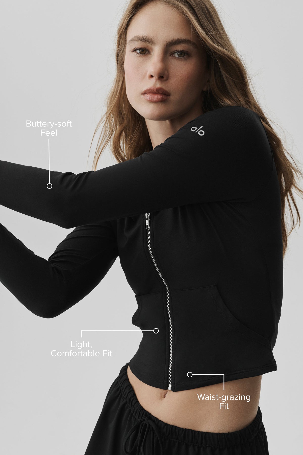 Alo Yoga Alosoft Finesse Full Zip Fitted Hoodie - Black - imagen 2