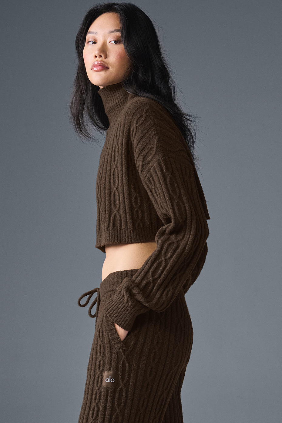 Alo Yoga Cable Knit Cropped Winter Bliss Turtleneck Long Sleeve - Espresso - imagen 5