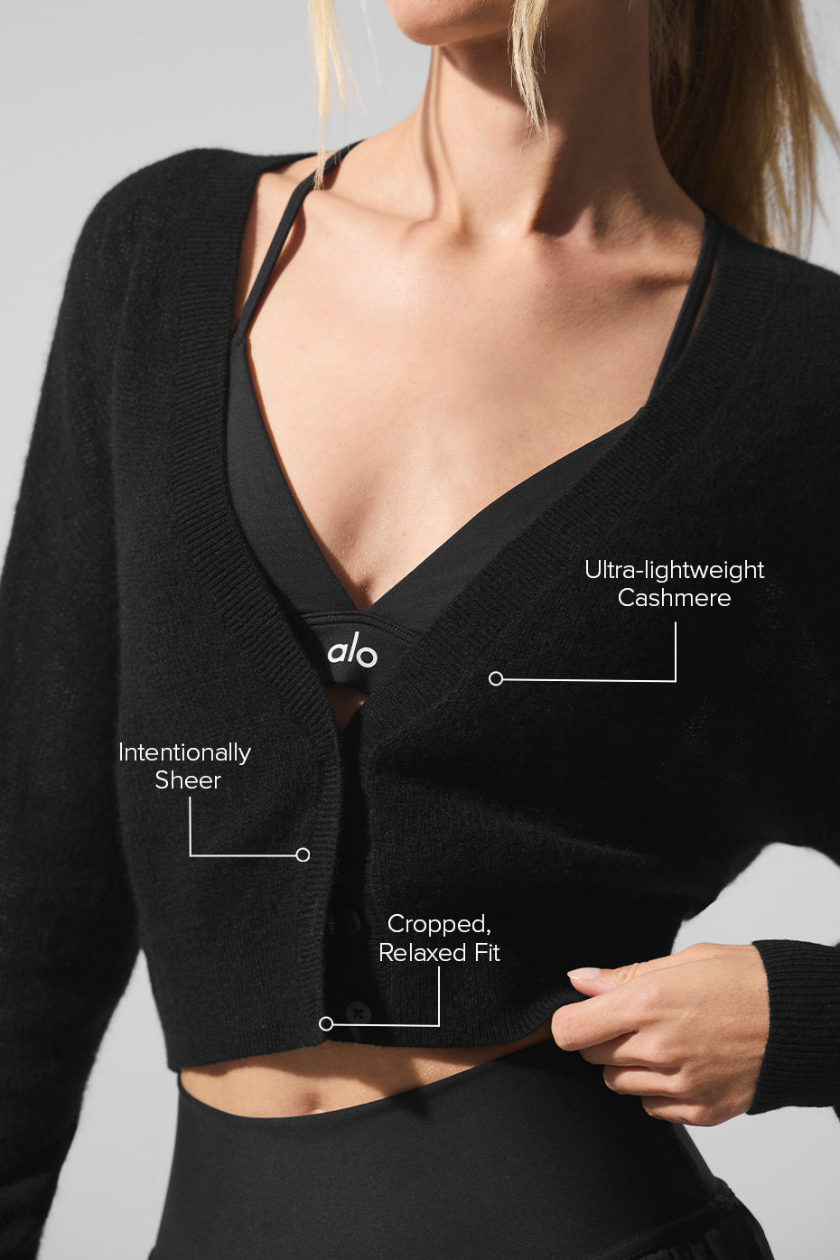 Alo Yoga Sheer Cashmere Cropped Cardigan - Black - imagen 2