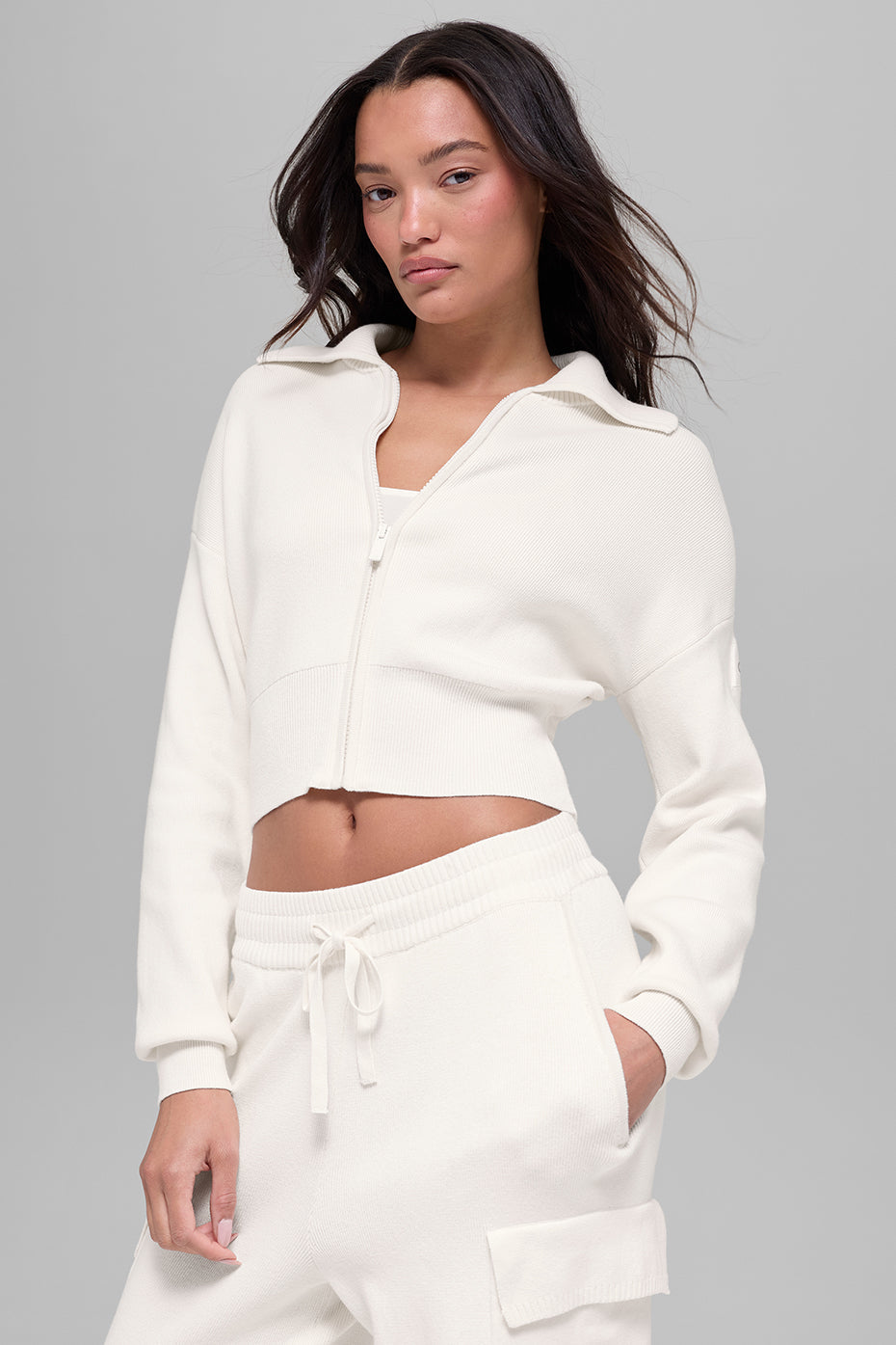 Alo Yoga Scholar Knit Cropped Full Zip Jacket - Ivory - imagen 1