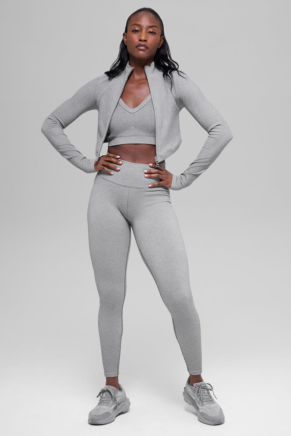 Alo Yoga Seamless Two Tone Rib Jacket - Light Misty Grey Heather - imagen 6