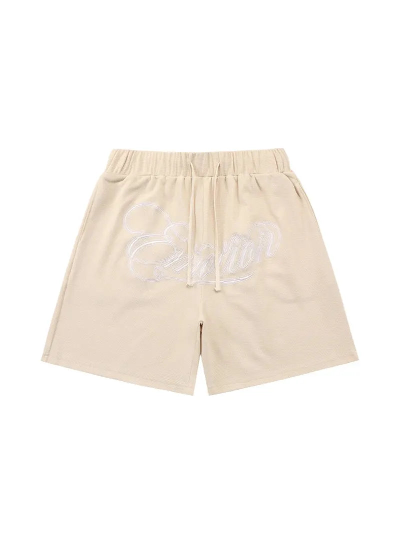 Mixed Emotion Emotion Script Graphic Shorts – Beige Streetwear Drawstring Shorts