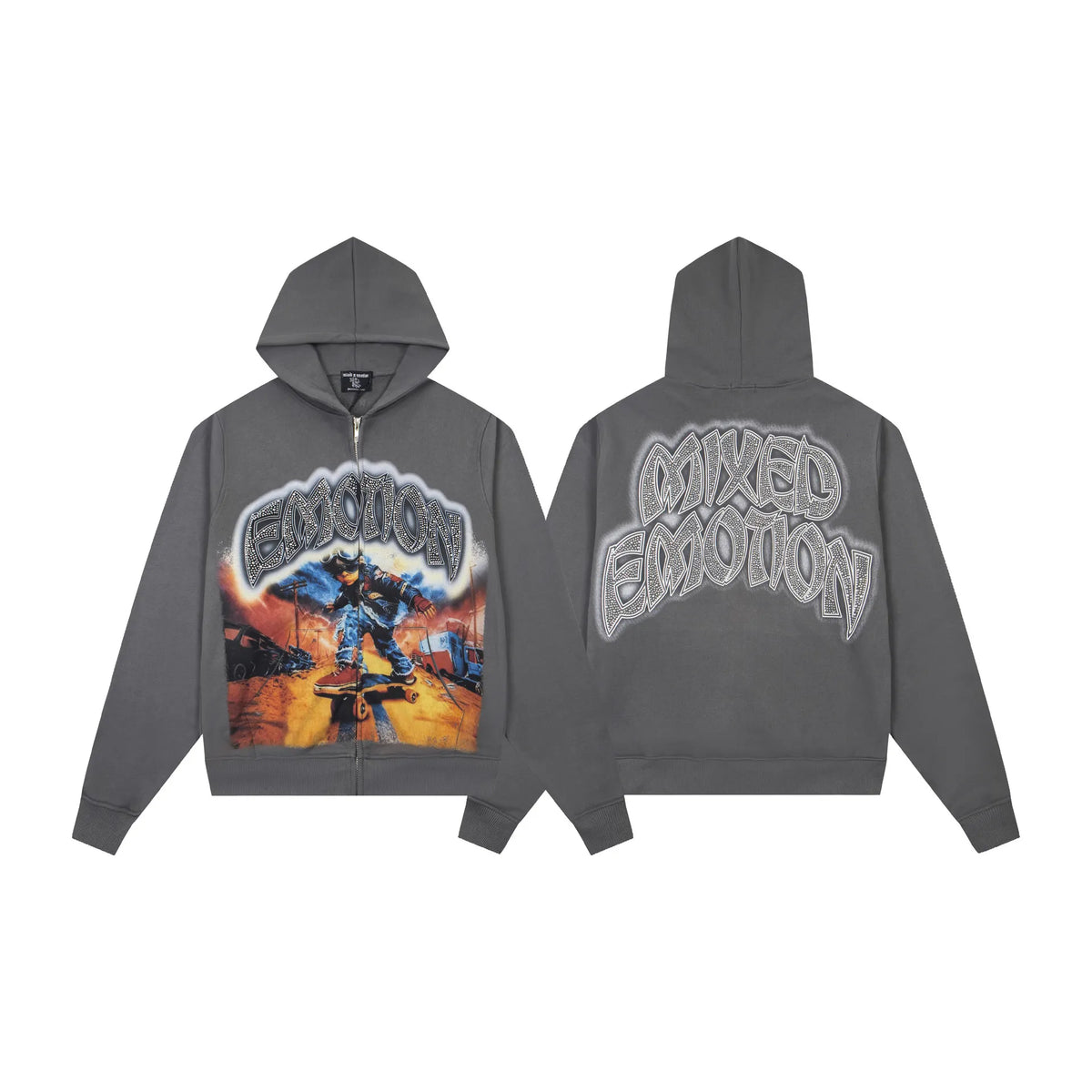 MIXED EMOTION Action Graphic Zip-Up Hoodie – Washed Grey Streetwear