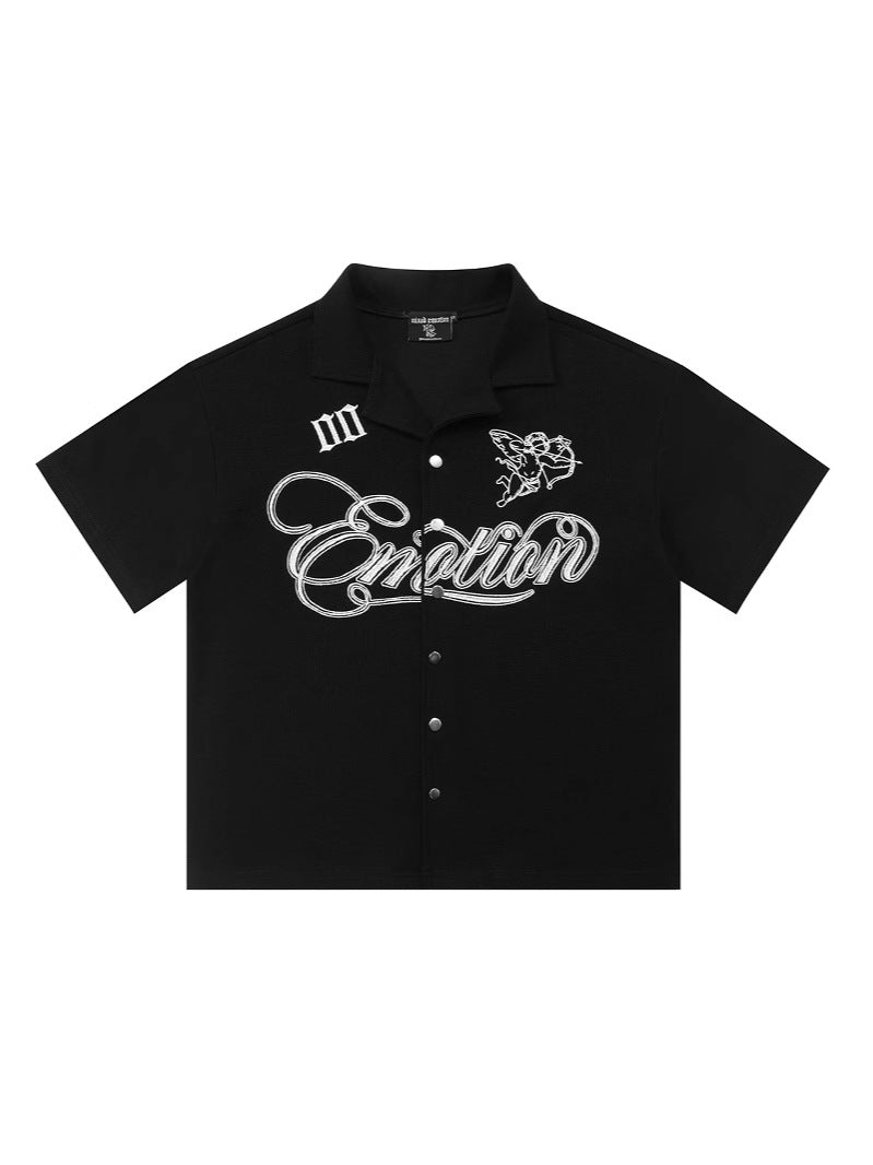 Mixed Emotion Emotion Script Graphic Short Sleeve Shirt – Black Button-Up Streetwear
