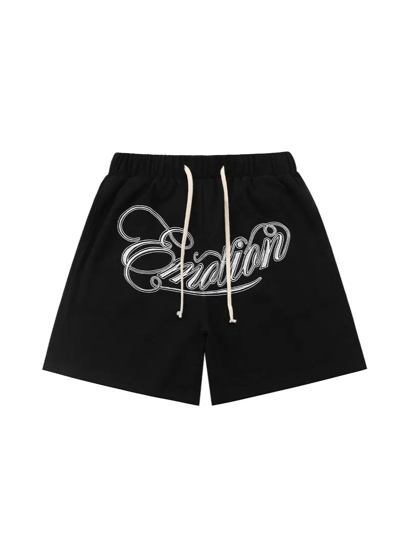 Mixed Emotion Emotion Script Graphic Shorts – Black Streetwear Drawstring Shorts