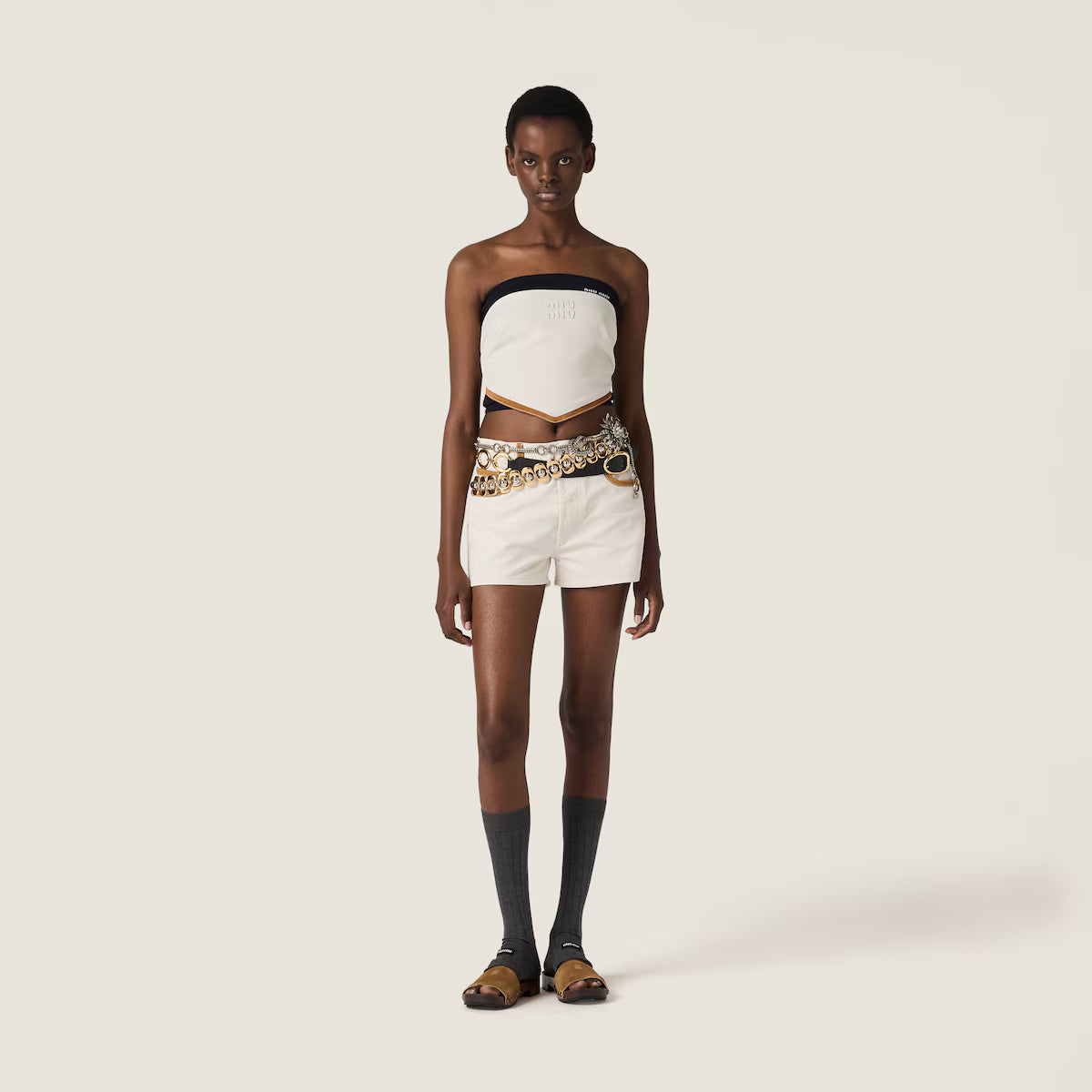 Miu Miu Top bandana de denim y piel