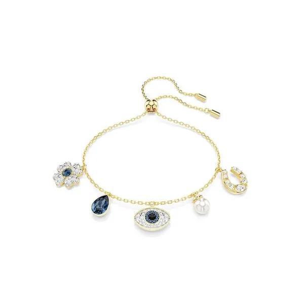 Swwarovski Pulsera Symbolica, Trébol, ojo turco y herradura, Azul, Recubrimiento tono oro