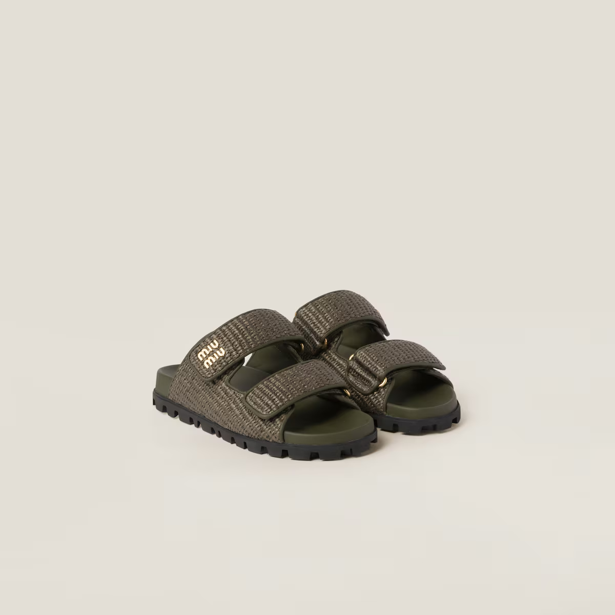 Miu Miu Raffia-effect woven fabric slides