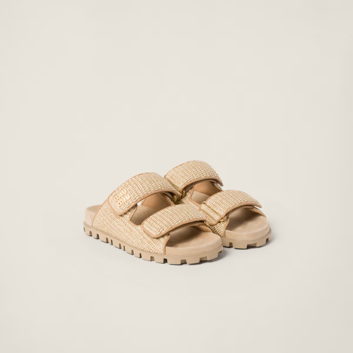 Miu Miu Raffia-effect woven fabric slides