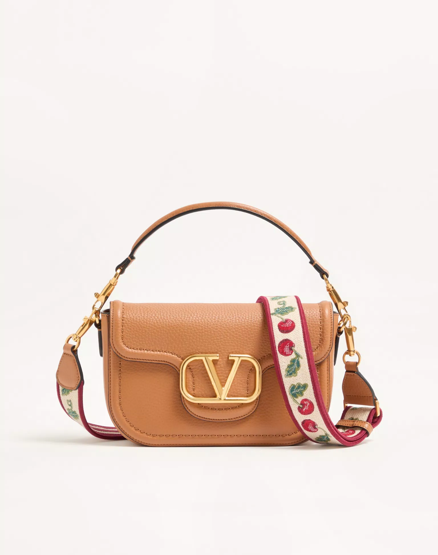 Valentino Garavani Alltime Shoulder Bag In Grainy Calfskin With Cherryfic Embroidered Ribbon Shoulder Strap.